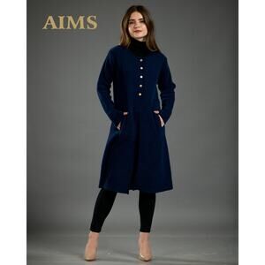 Women's Blue Cardigan Long Sleeves and Side Pockets, Front Button, Crew Neck